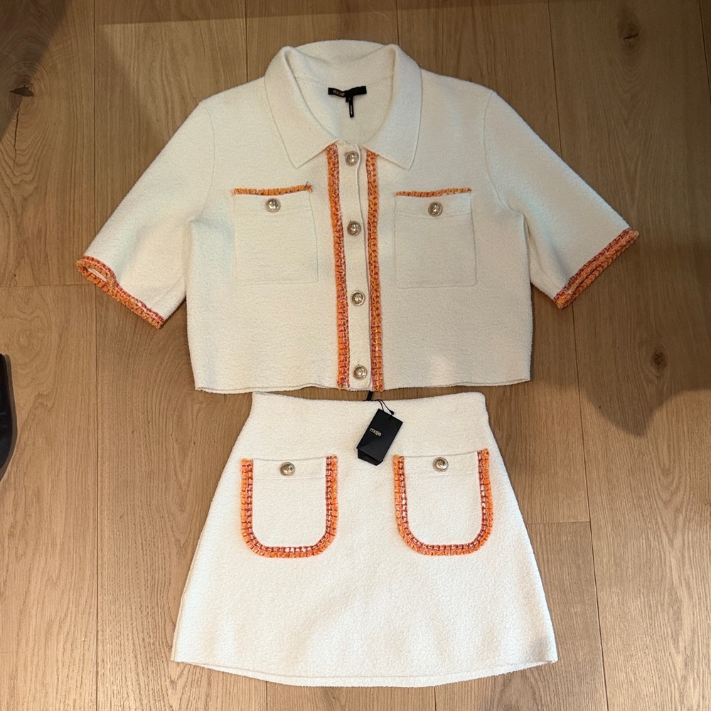 MAJE Cropped Two-Piece Tweed Set with Orange Trim (NEW || sz 34, S)